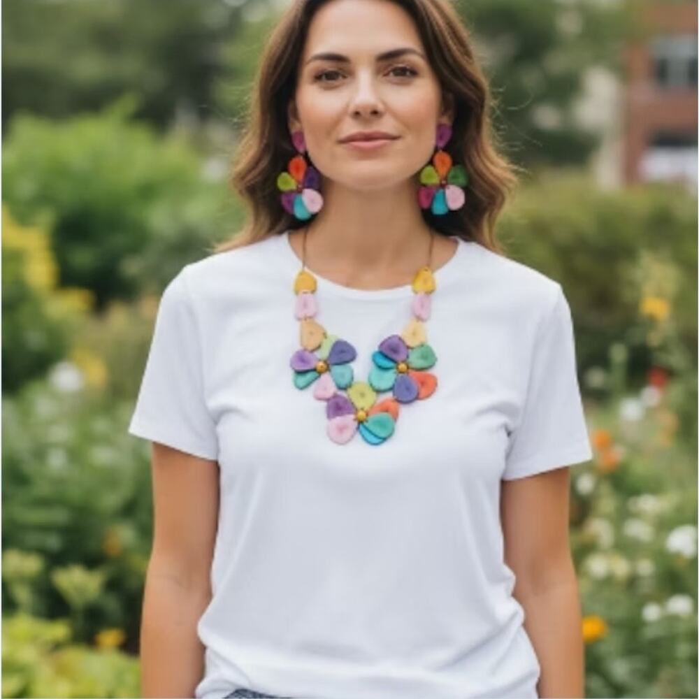 TAGUA FLOWERS Bib NECKLACE Set 3pc statement natural nut jewelry Artisan Artsy